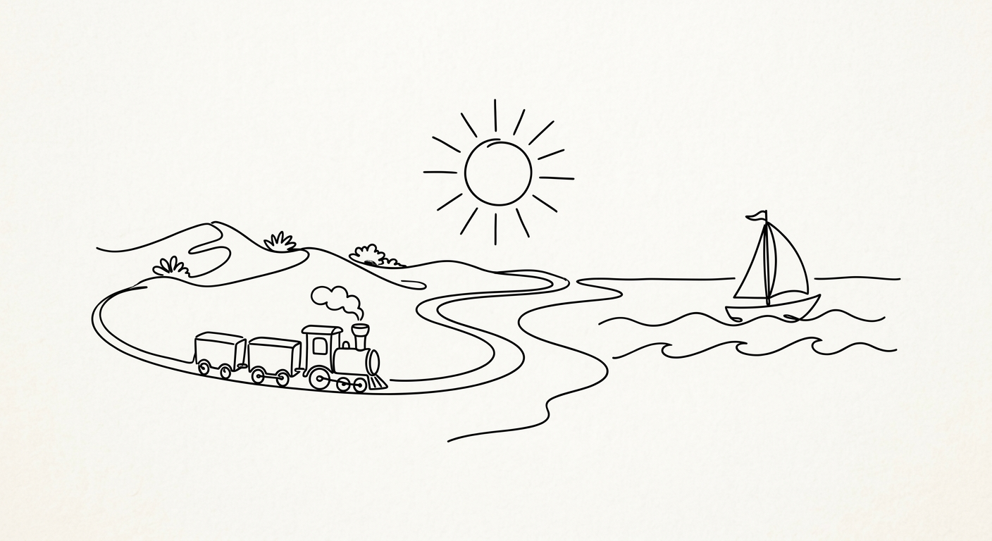Line drawing of a coastal hillside with a small train, a path and a sailboat on the water